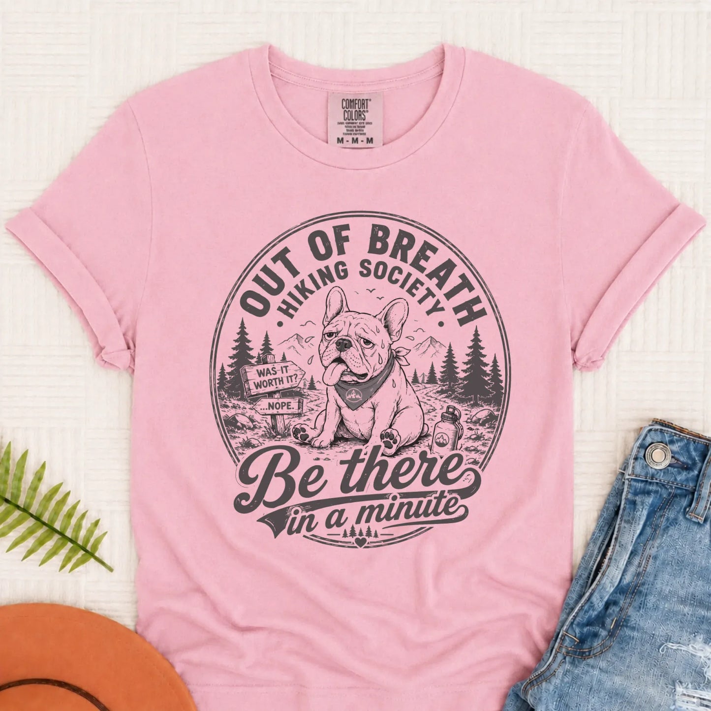 Frenchie Out of Breath Hiking Unisex TShirt Blossom