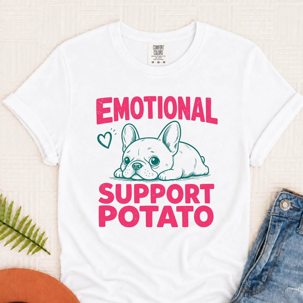 Frenchie Pink Emotional Support Potato Unisex TShirt White