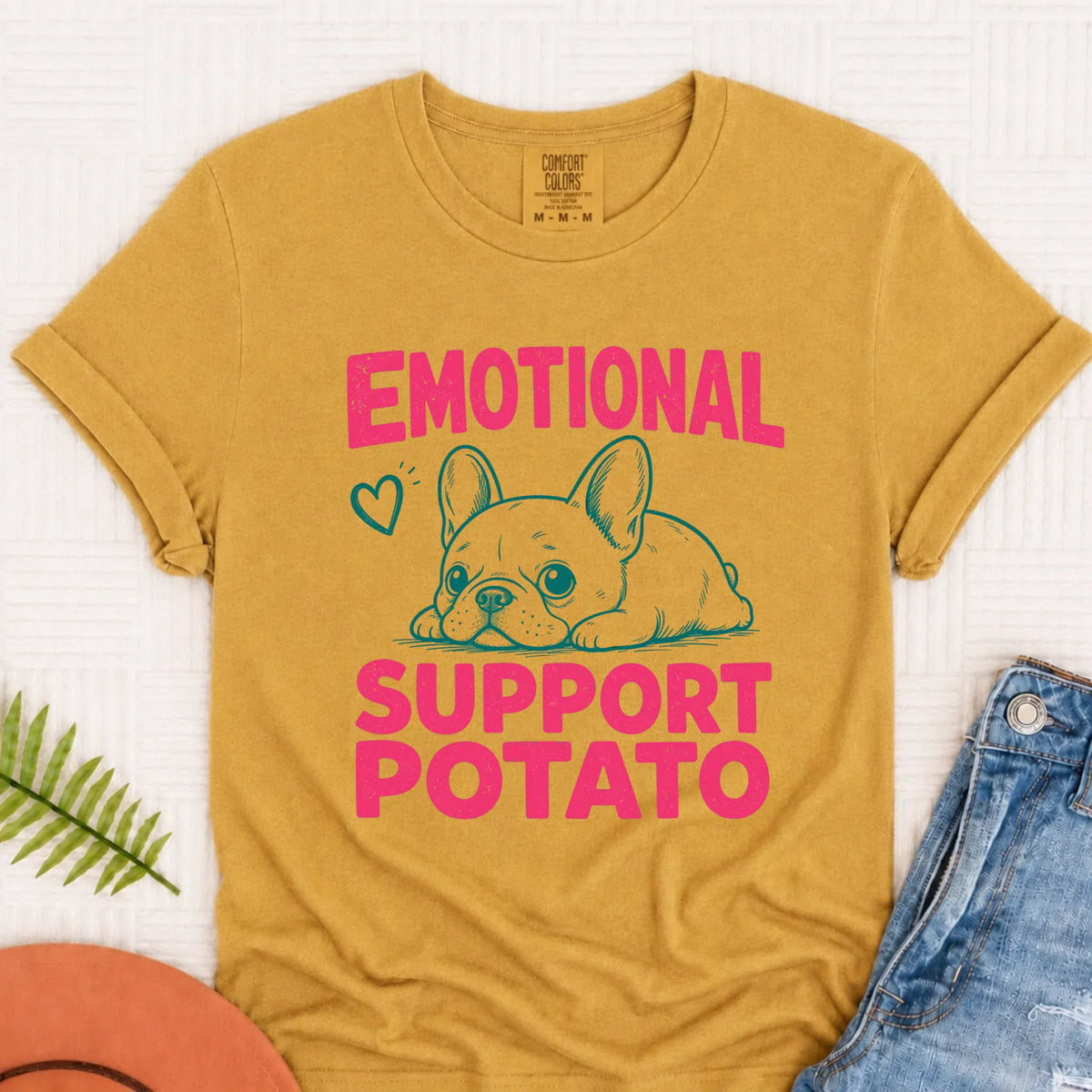 Frenchie Pink Emotional Support Potato Unisex TShirt Mustard