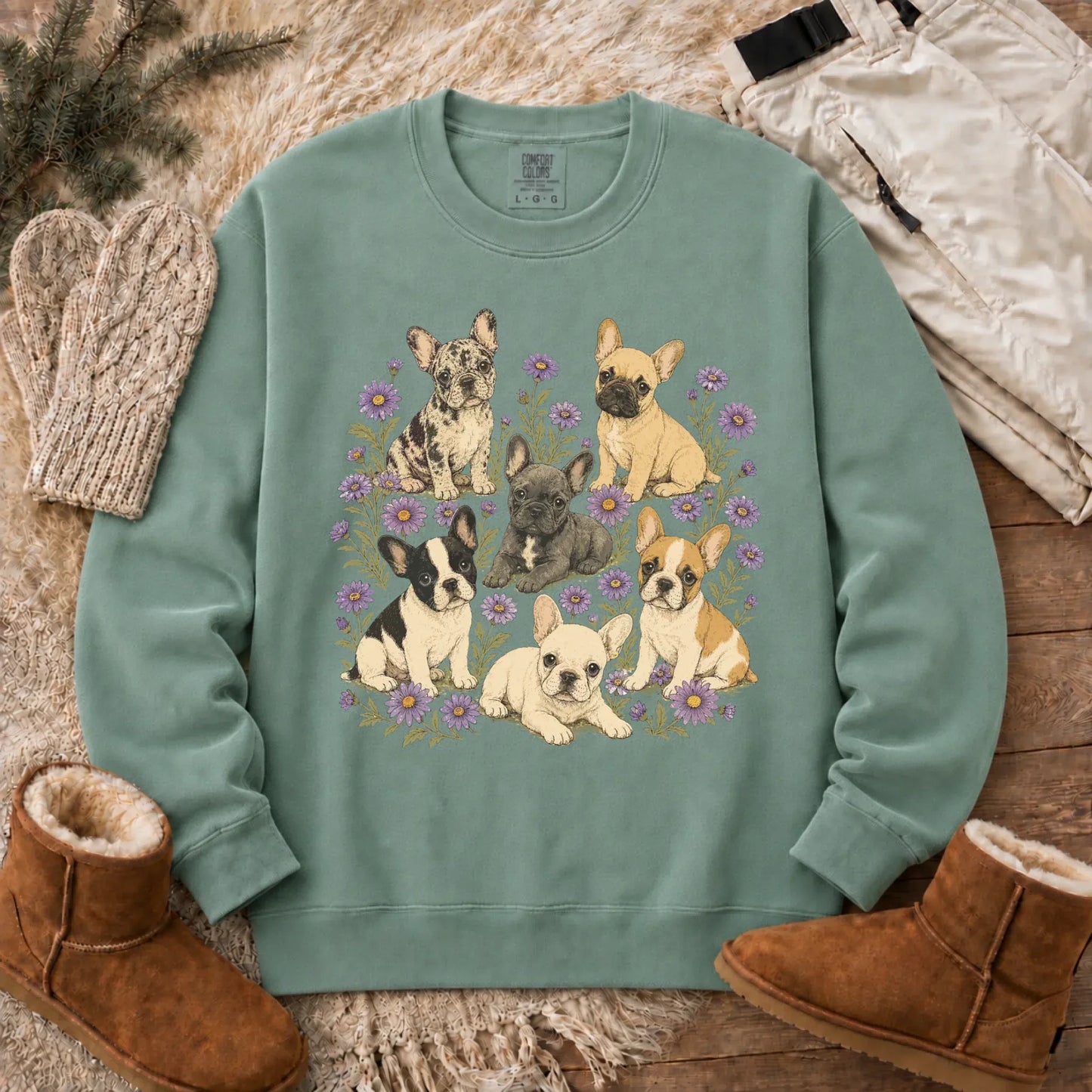Frenchie Puppies Butterflies Unisex Sweatshirt Light Green