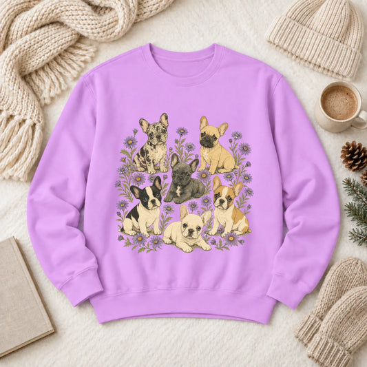 Frenchie Puppies Butterflies Unisex Sweatshirt Neon Violet
