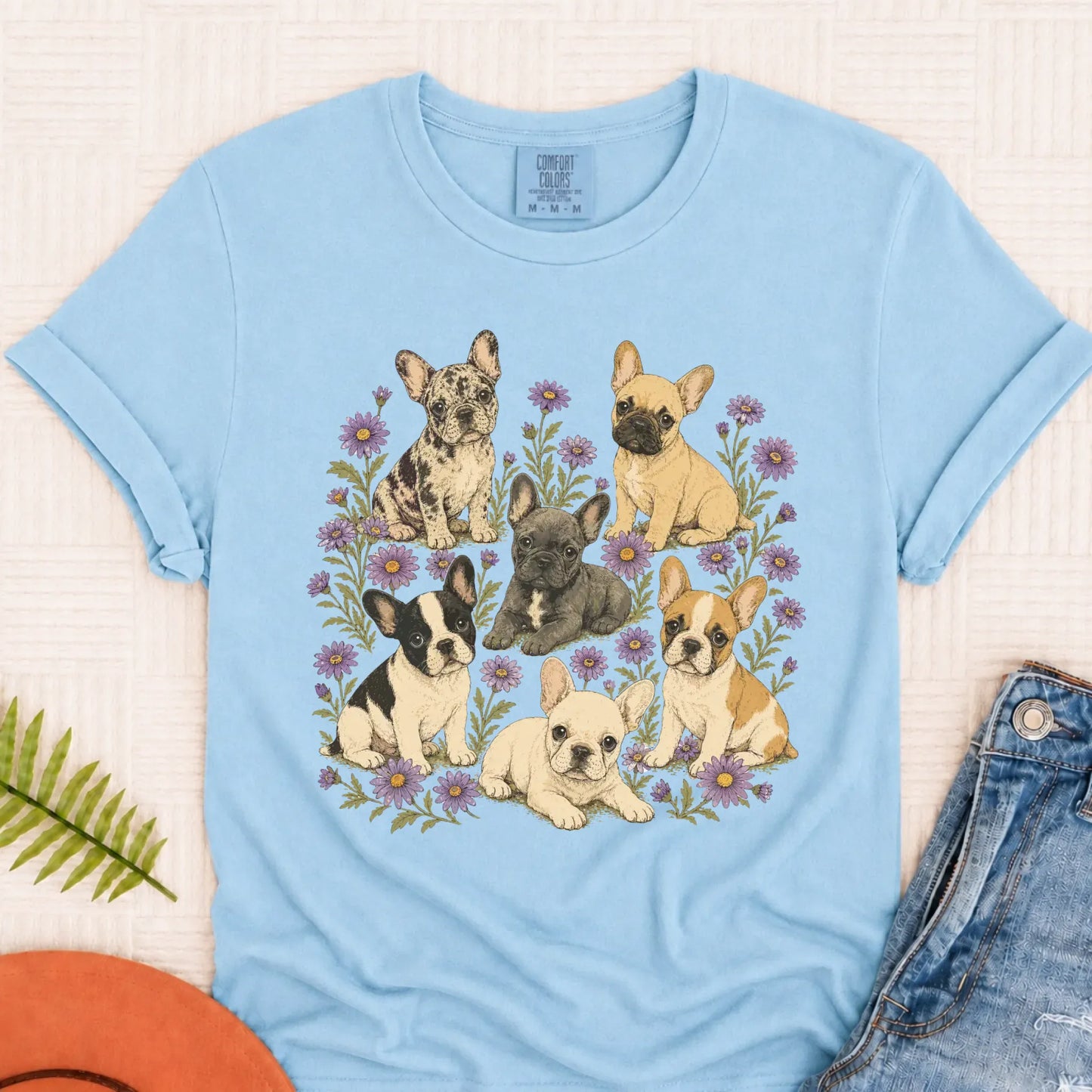 Frenchie Puppies Butterfly Garden Unisex TShirt Chambray