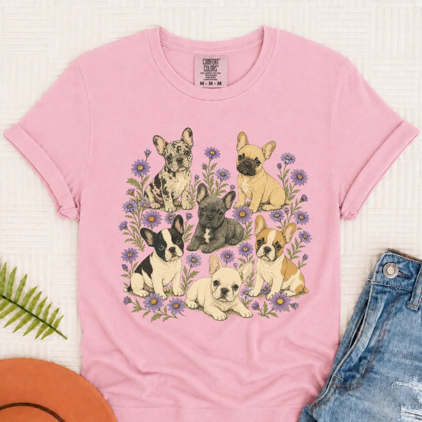 Frenchie Puppies Butterfly Garden Unisex TShirt Blossom