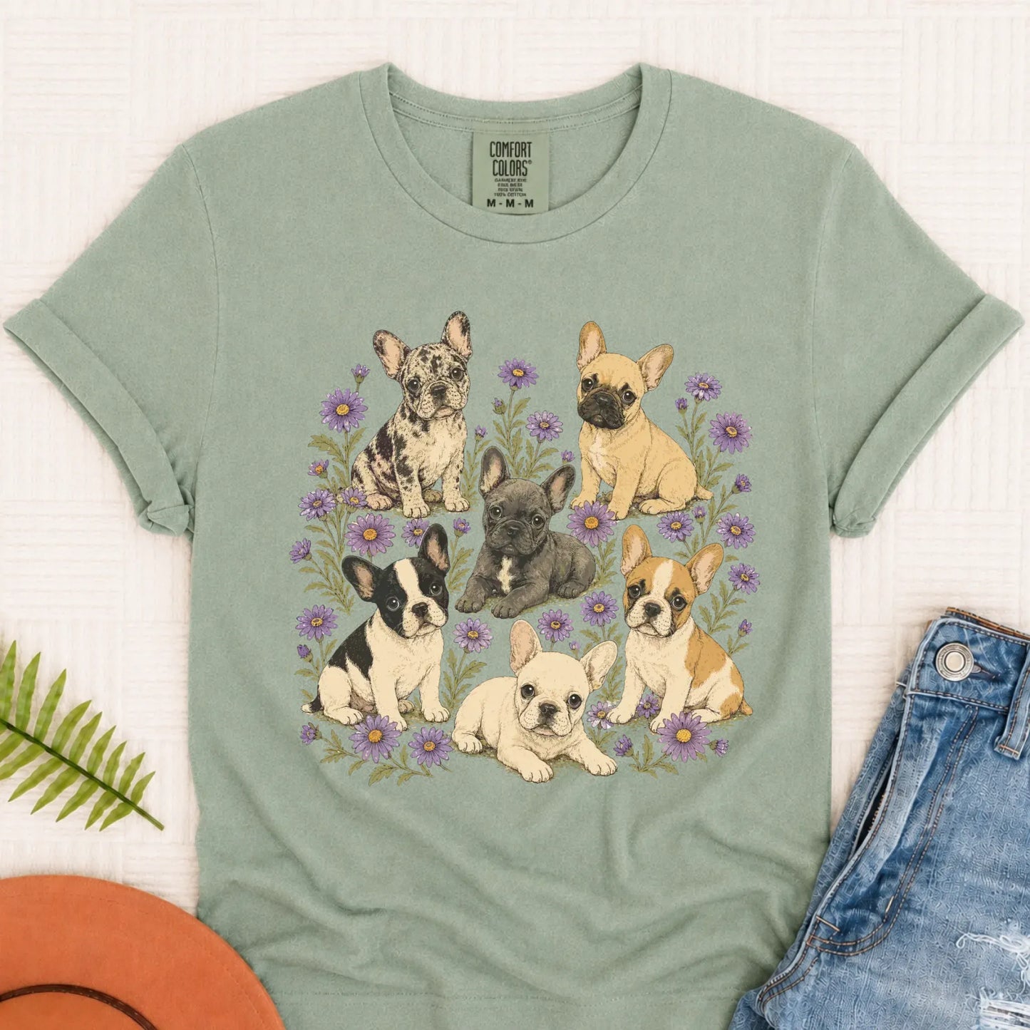 Frenchie Puppies Butterfly Garden Unisex TShirt Bay
