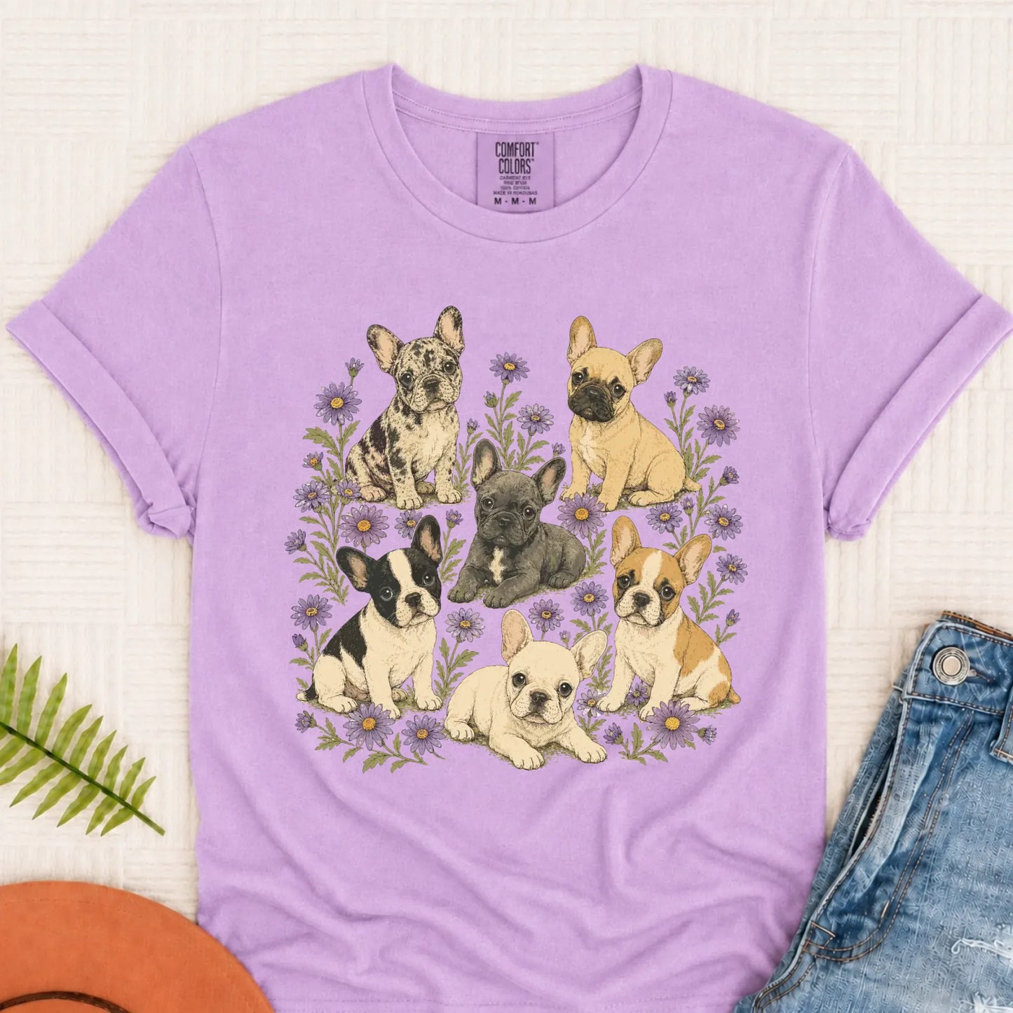 Frenchie Puppies Butterfly Garden Unisex TShirt Orchid