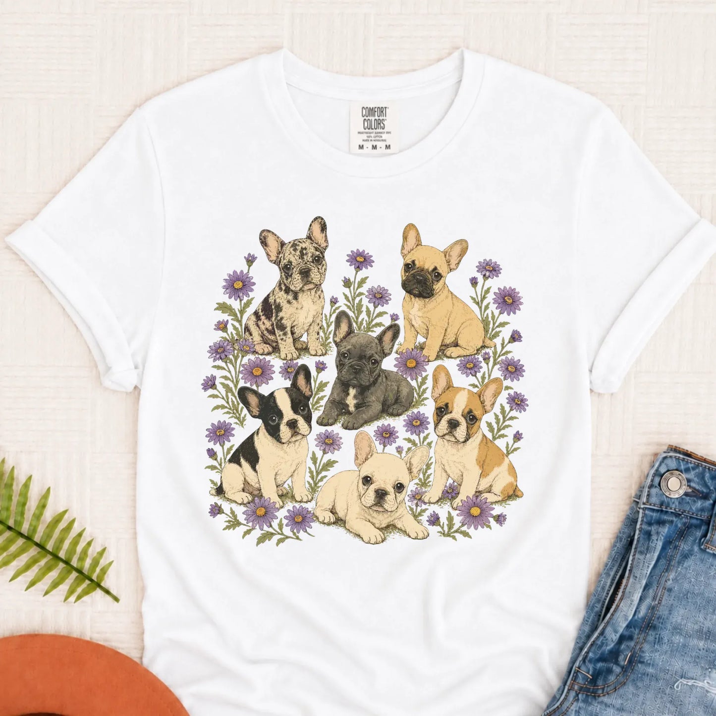 Frenchie Puppies Butterfly Garden Unisex TShirt White