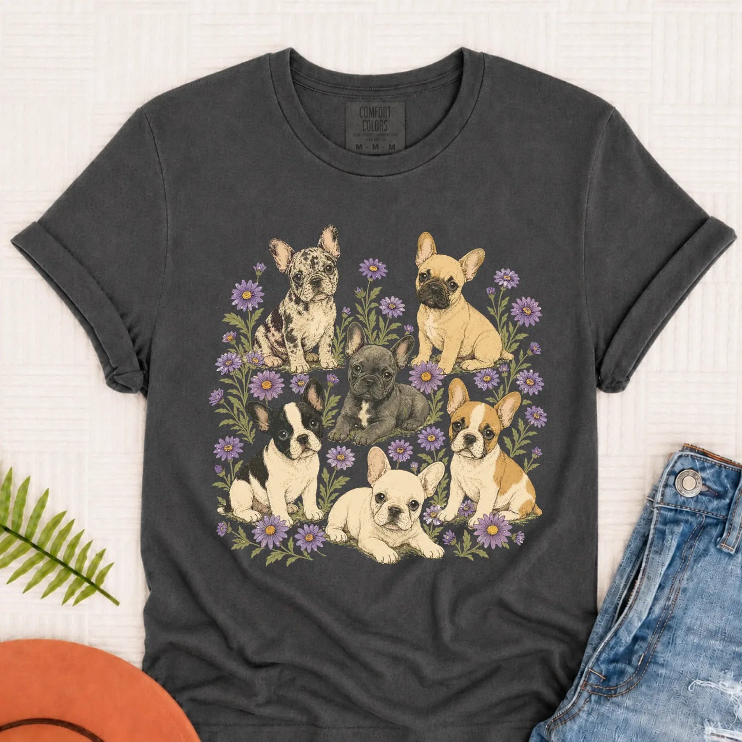 Frenchie Puppies Butterfly Garden Unisex TShirt Pepper