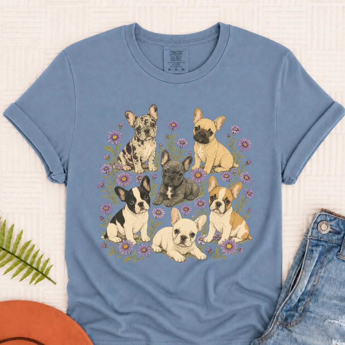 Frenchie Puppies Butterfly Garden Unisex TShirt Blue Jean