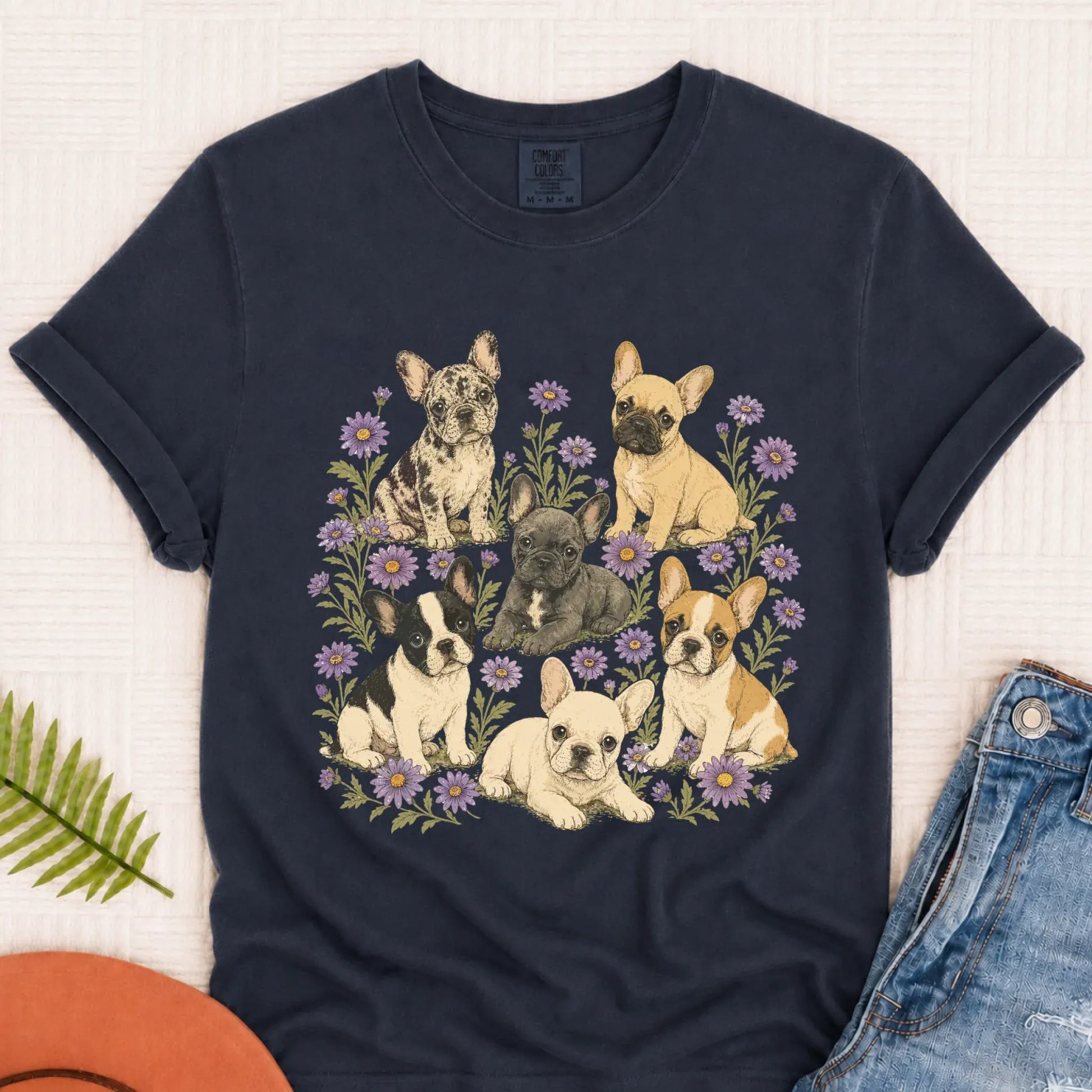 Frenchie Puppies Butterfly Garden Unisex TShirt Navy
