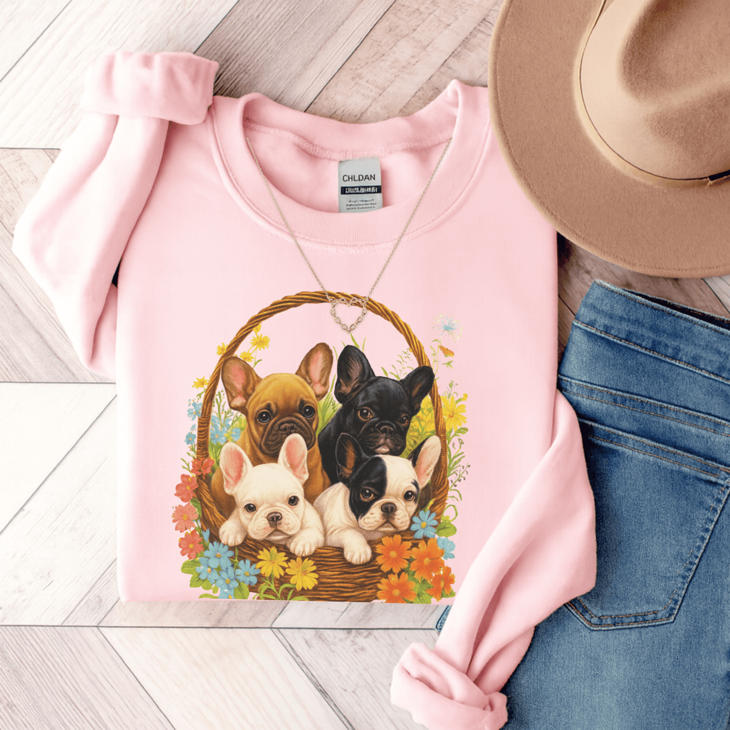 Frenchie Puppy Basket Sweatshirt Light Pink