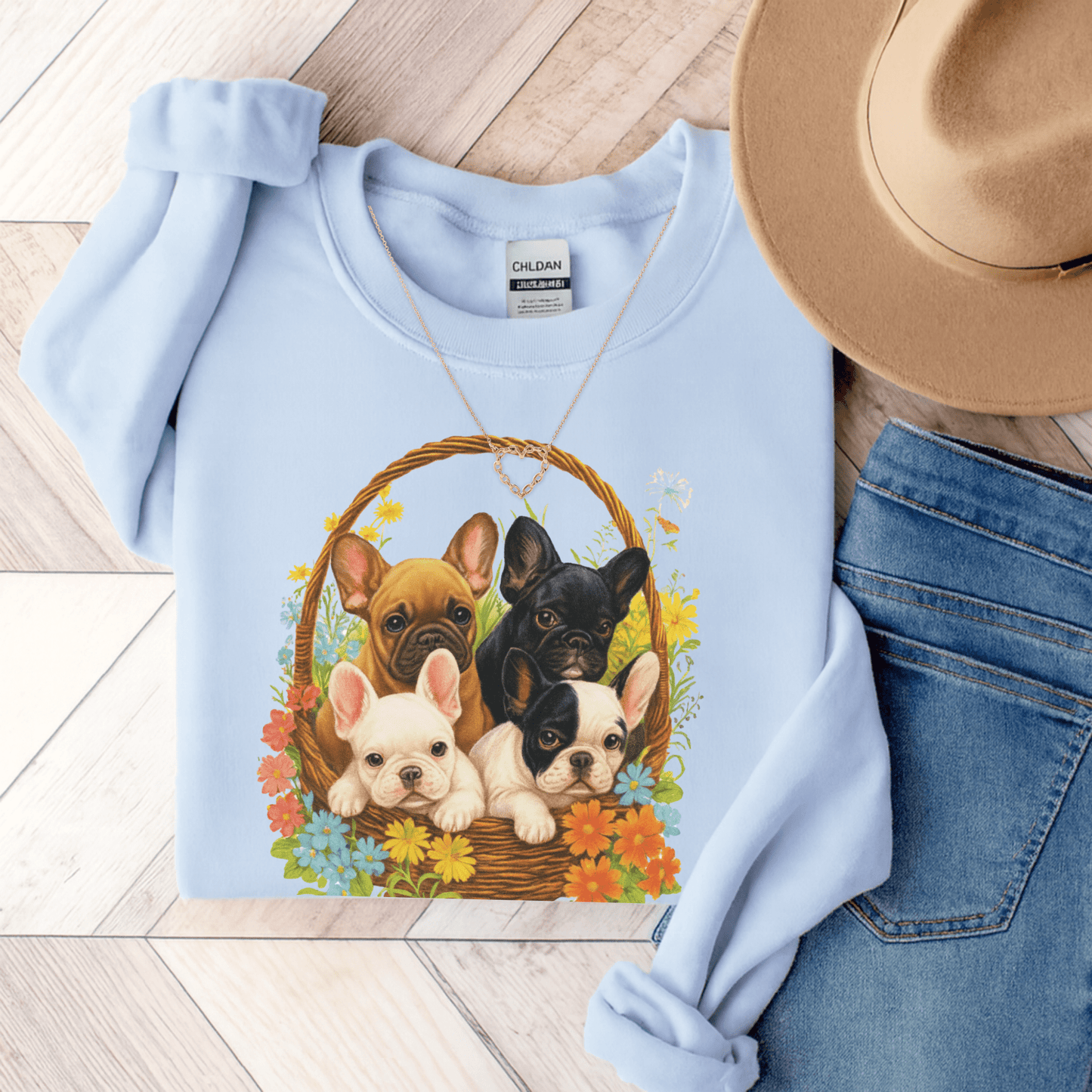 Frenchie Puppy Basket Sweatshirt Light Blue
