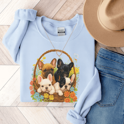 Frenchie Puppy Basket Sweatshirt Light Blue