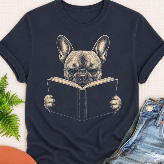 Frenchie Reading Study Unisex Tshirt Navy