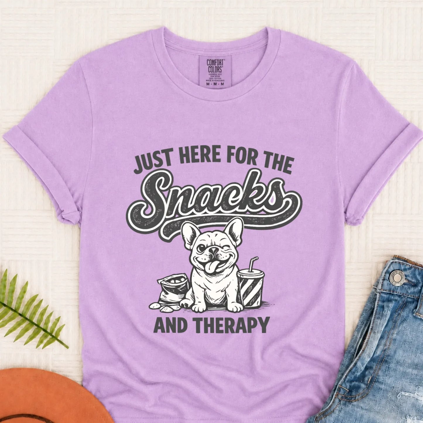 Frenchie Snacks and Therapy Unisex TShirt Orchid