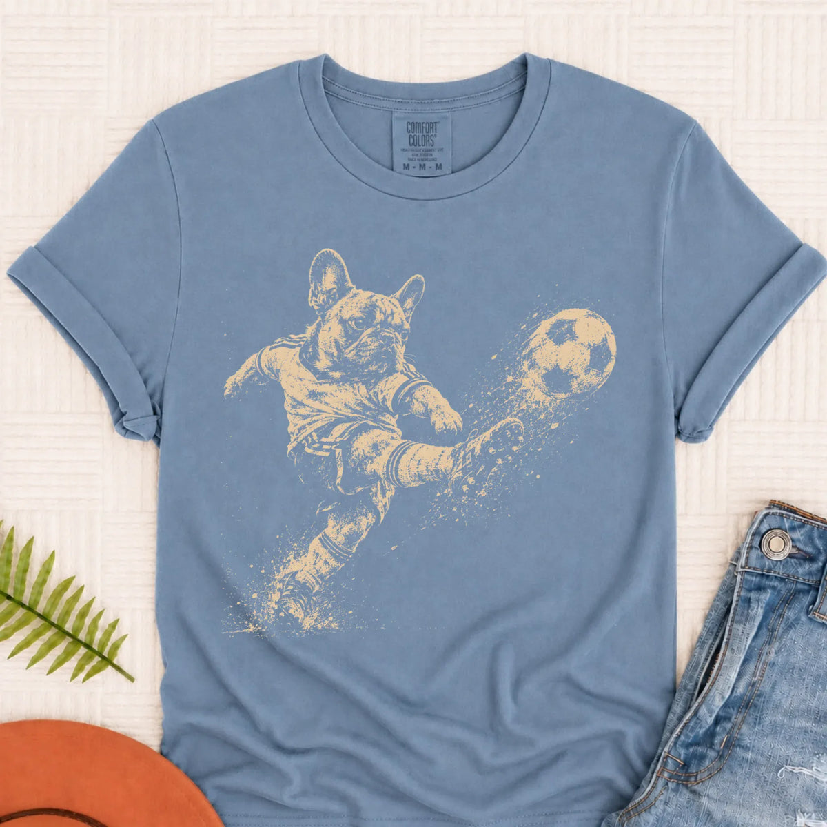 Frenchie Soccer Ball Unisex Tshirt Blue Jean