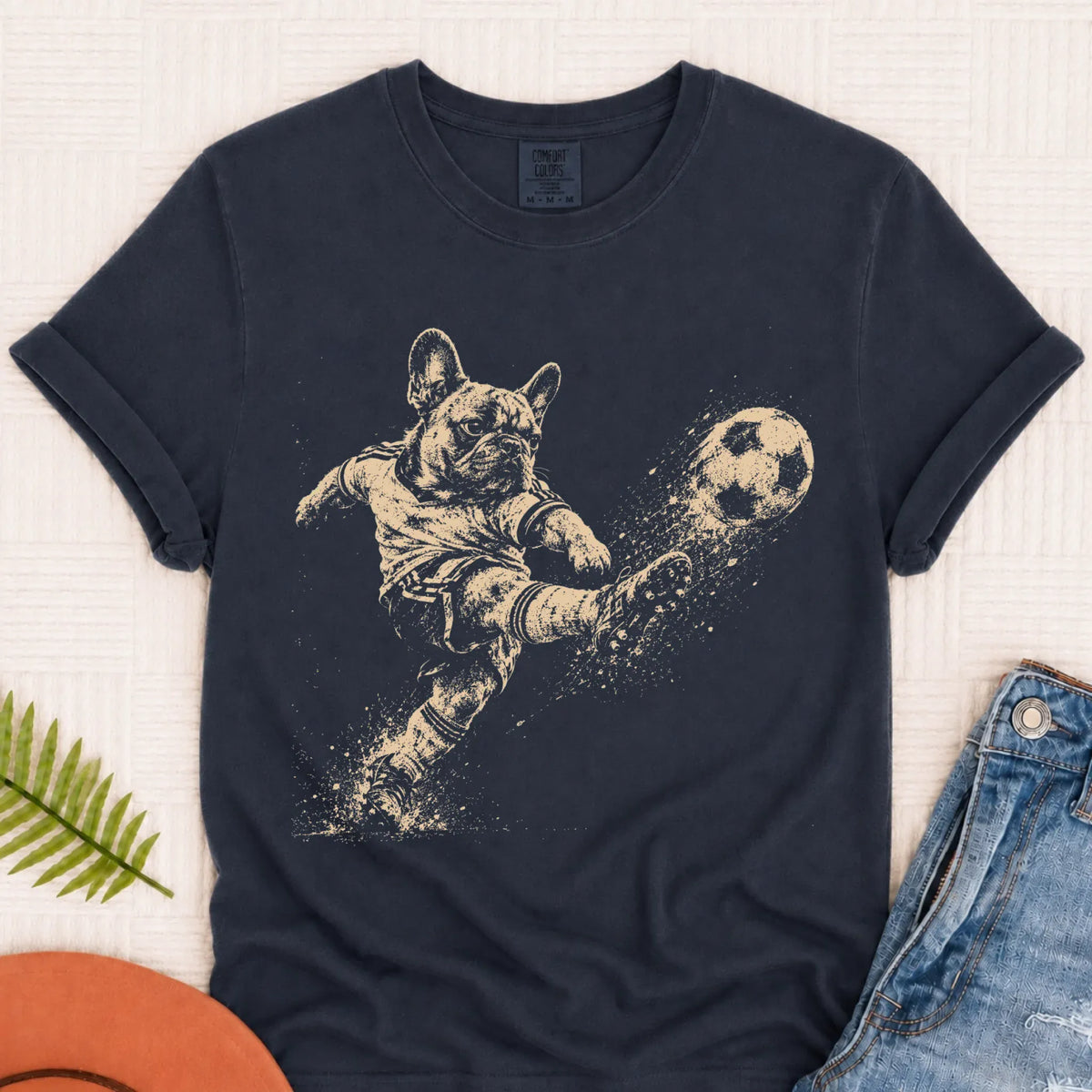 Frenchie Soccer Ball Unisex Tshirt Navy