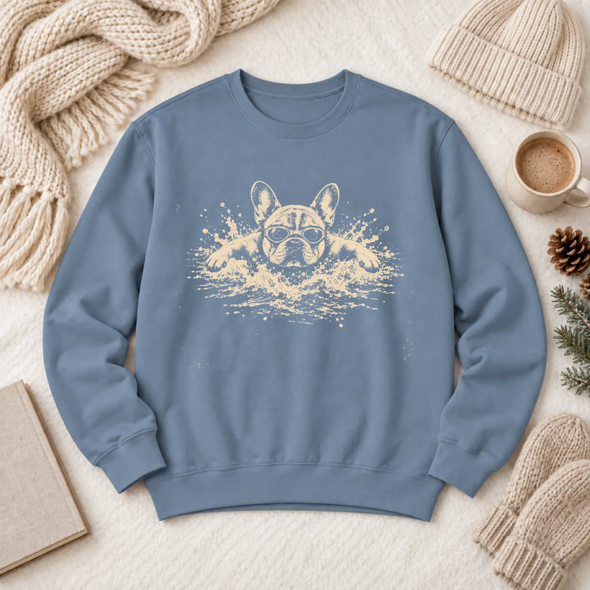 Frenchie Swimming Pool Swimmer Unisex Sweatshirt Blue Jean