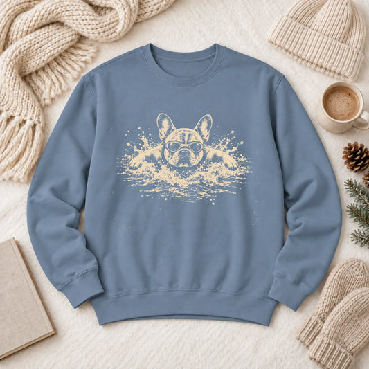 Frenchie Swimming Pool Swimmer Unisex Sweatshirt Blue Jean