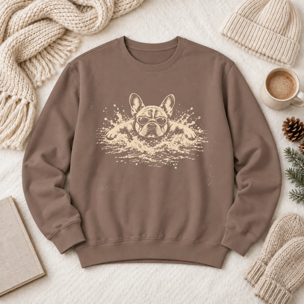 Frenchie Swimming Pool Swimmer Unisex Sweatshirt Espresso