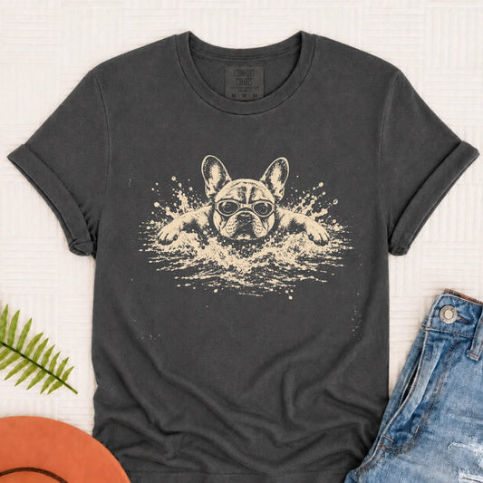 Frenchie Swimming Pool Swimmer Unisex TShirt Pepper