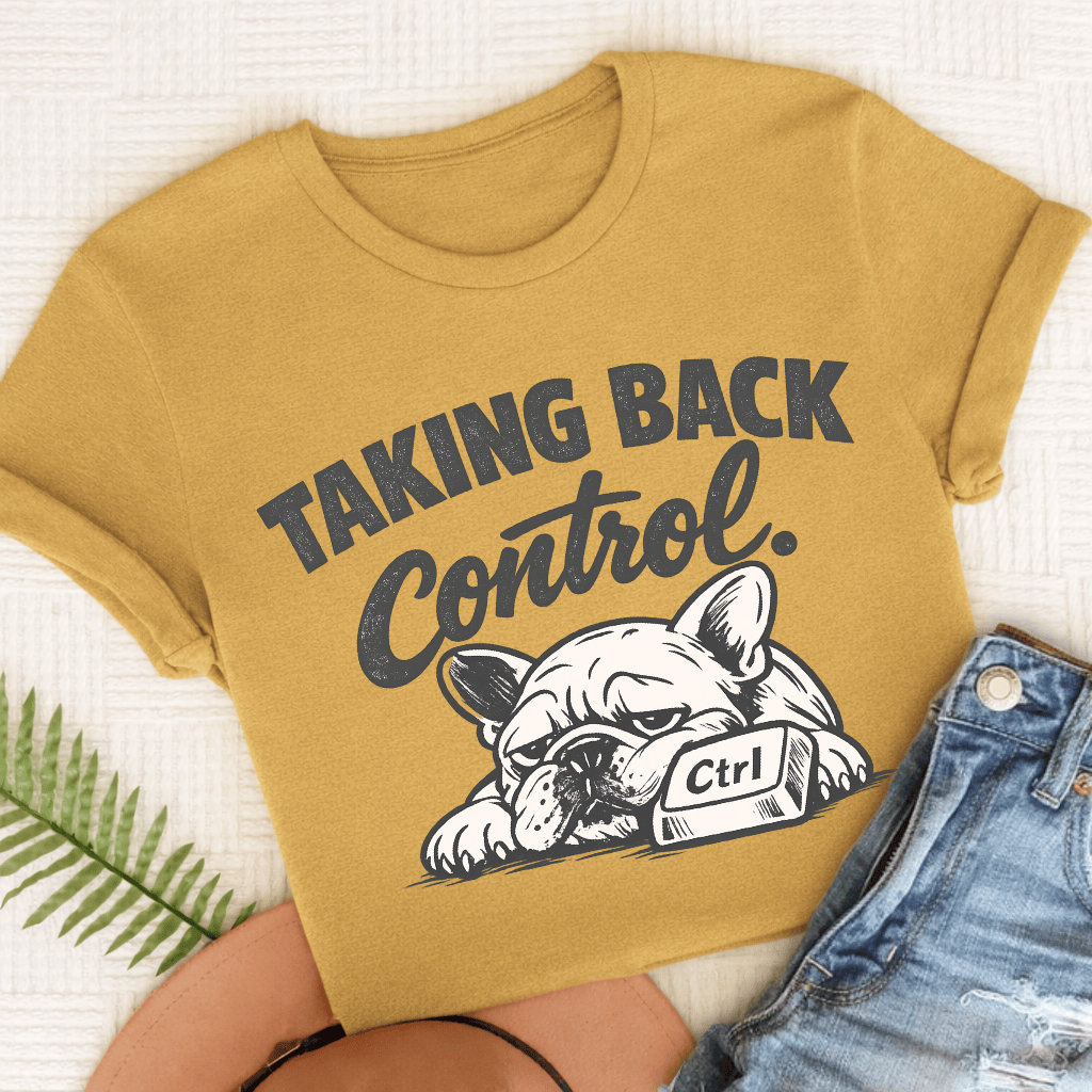 Frenchie Taking Control Unisex TShirt Comfort Colors Mustard