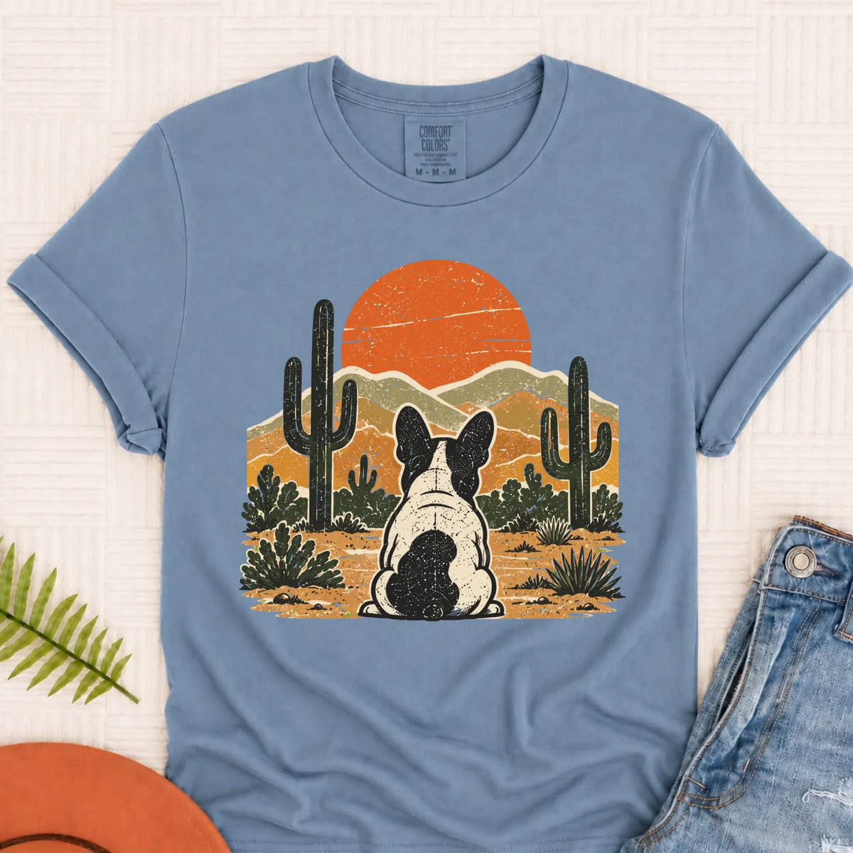 Frenchie Western Sunset Unisex Tshirt Blue Jean