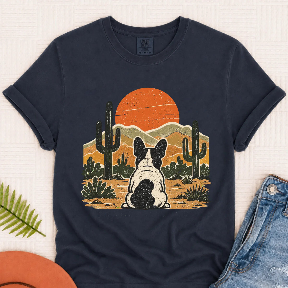 Frenchie Western Sunset Unisex Tshirt Navy
