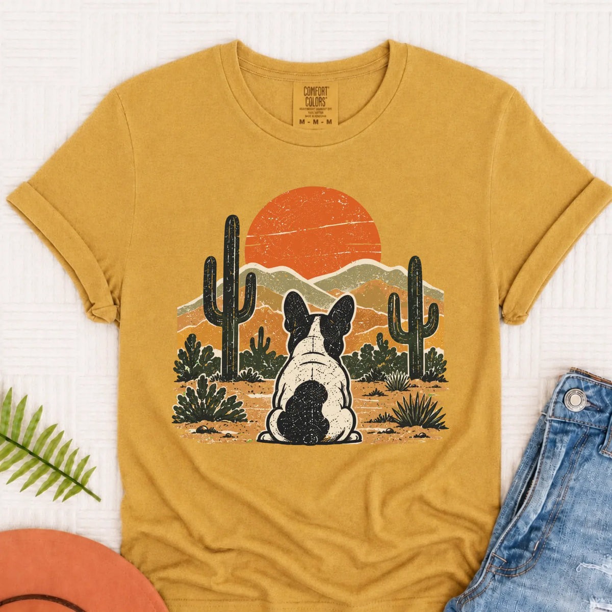 Frenchie Western Sunset Unisex Tshirt Mustard