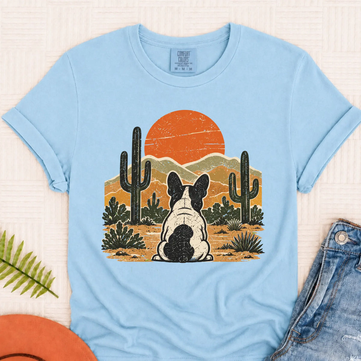 Frenchie Western Sunset Unisex Tshirt Chambray