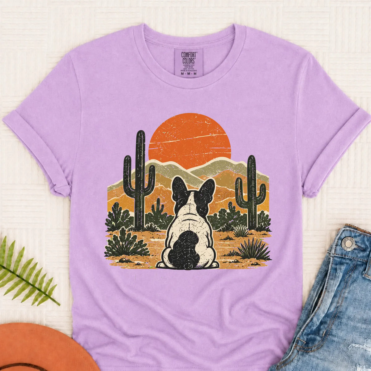 Frenchie Western Sunset Unisex Tshirt Orchid