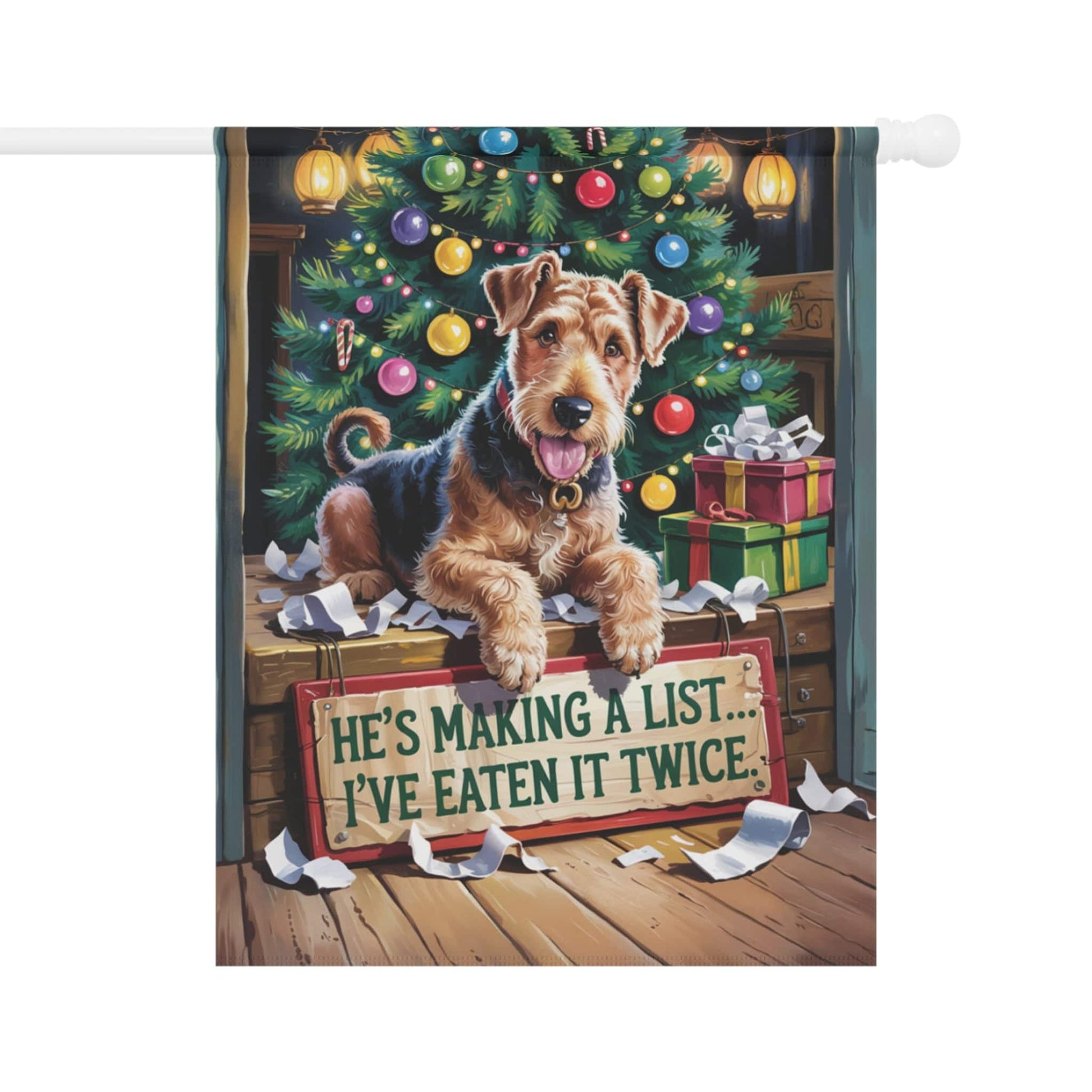 Printify Home Decor 24.5'' × 32'' Funny Airedale Terrier Christmas Garden Flag, Holiday Santa Clause List Yard Decor, Front Yard Outdoor Winter Decoration, Housewarming Gift