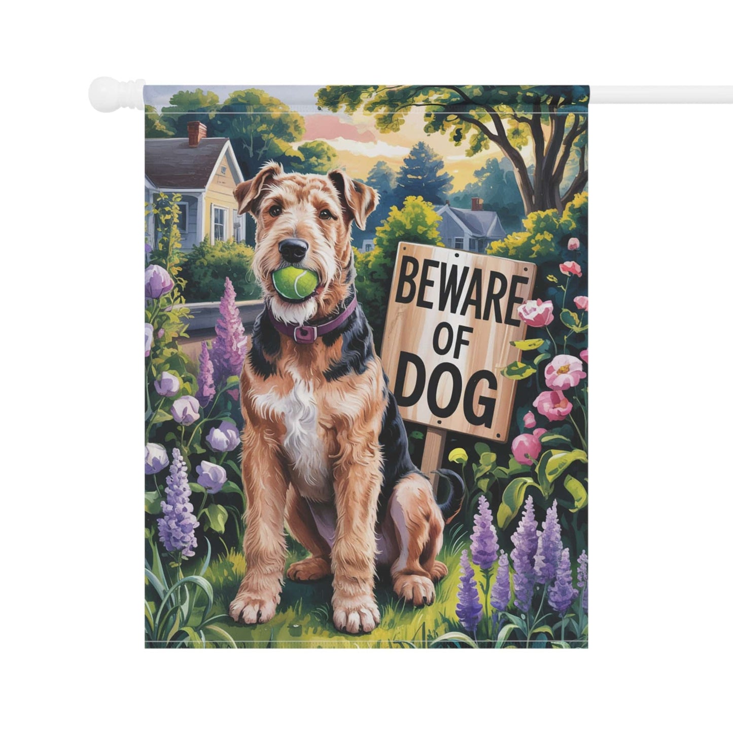 Printify Home Decor Funny Airedale Terrier Garden Flag, Beware of Dog Yard Decor, Front Yard Dog Sign, Outdoor Spring Decoration, Housewarming New Home Gift