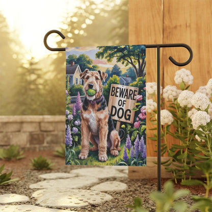Printify Home Decor Funny Airedale Terrier Garden Flag, Beware of Dog Yard Decor, Front Yard Dog Sign, Outdoor Spring Decoration, Housewarming New Home Gift