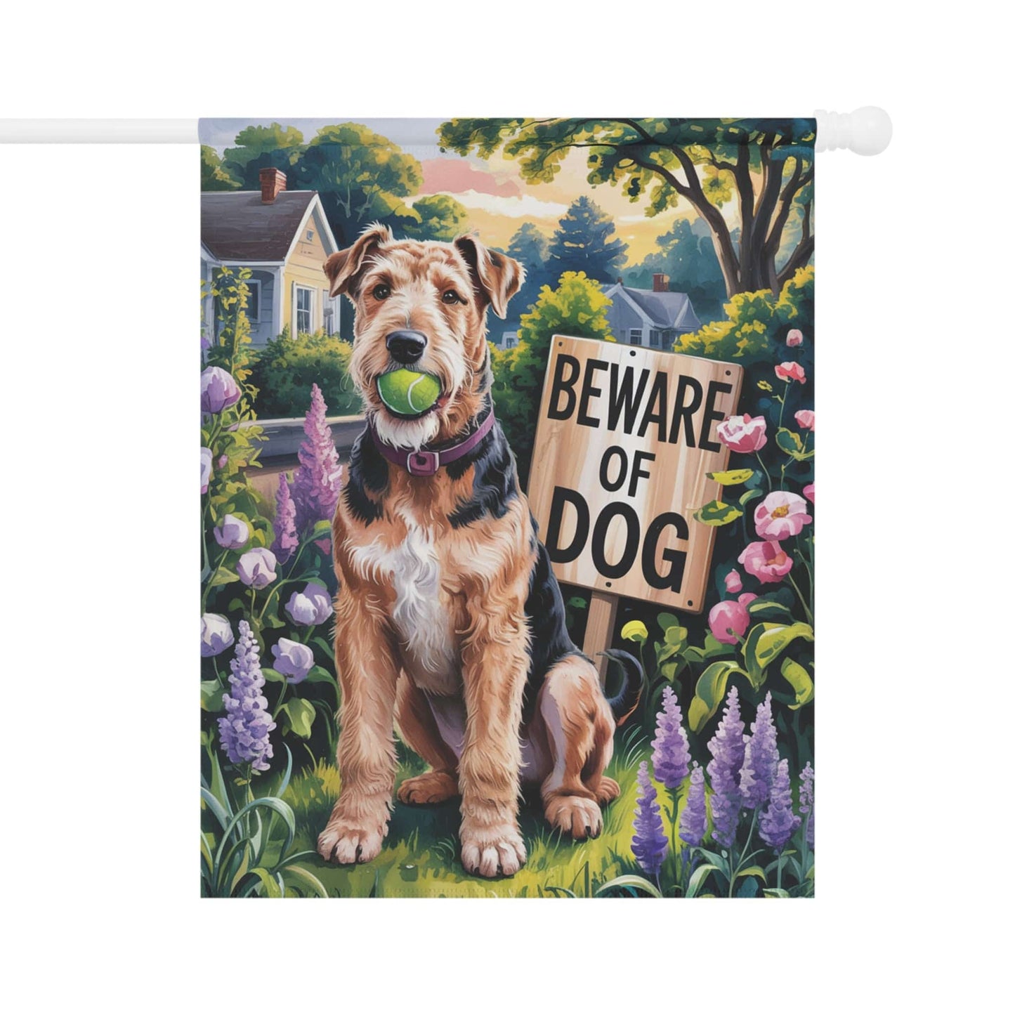 Printify Home Decor 24.5'' × 32'' Funny Airedale Terrier Garden Flag, Beware of Dog Yard Decor, Front Yard Dog Sign, Outdoor Spring Decoration, Housewarming New Home Gift