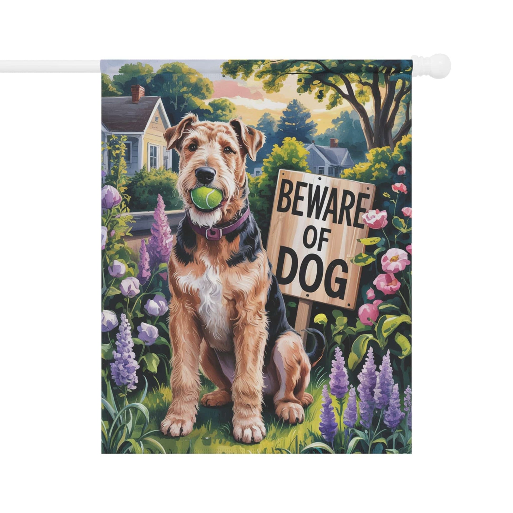 Printify Home Decor 24.5'' × 32'' Funny Airedale Terrier Garden Flag, Beware of Dog Yard Decor, Front Yard Dog Sign, Outdoor Spring Decoration, Housewarming New Home Gift