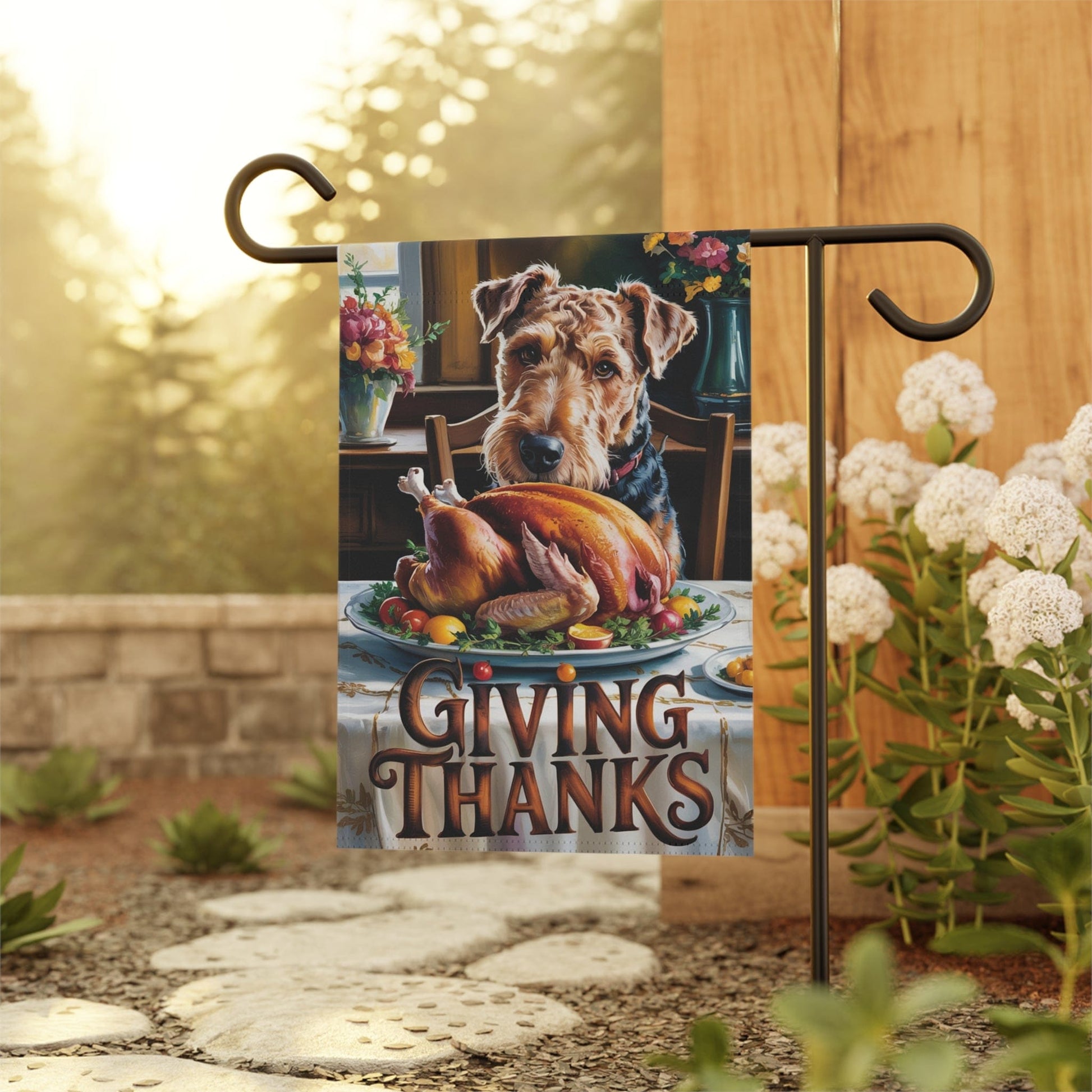 Printify Home Decor Funny Airedale Terrier Garden Flag, Thanksgiving Dog Yard Decor, Front Yard Dog Sign, Outdoor Fall Decoration, Housewarming New Home Gift
