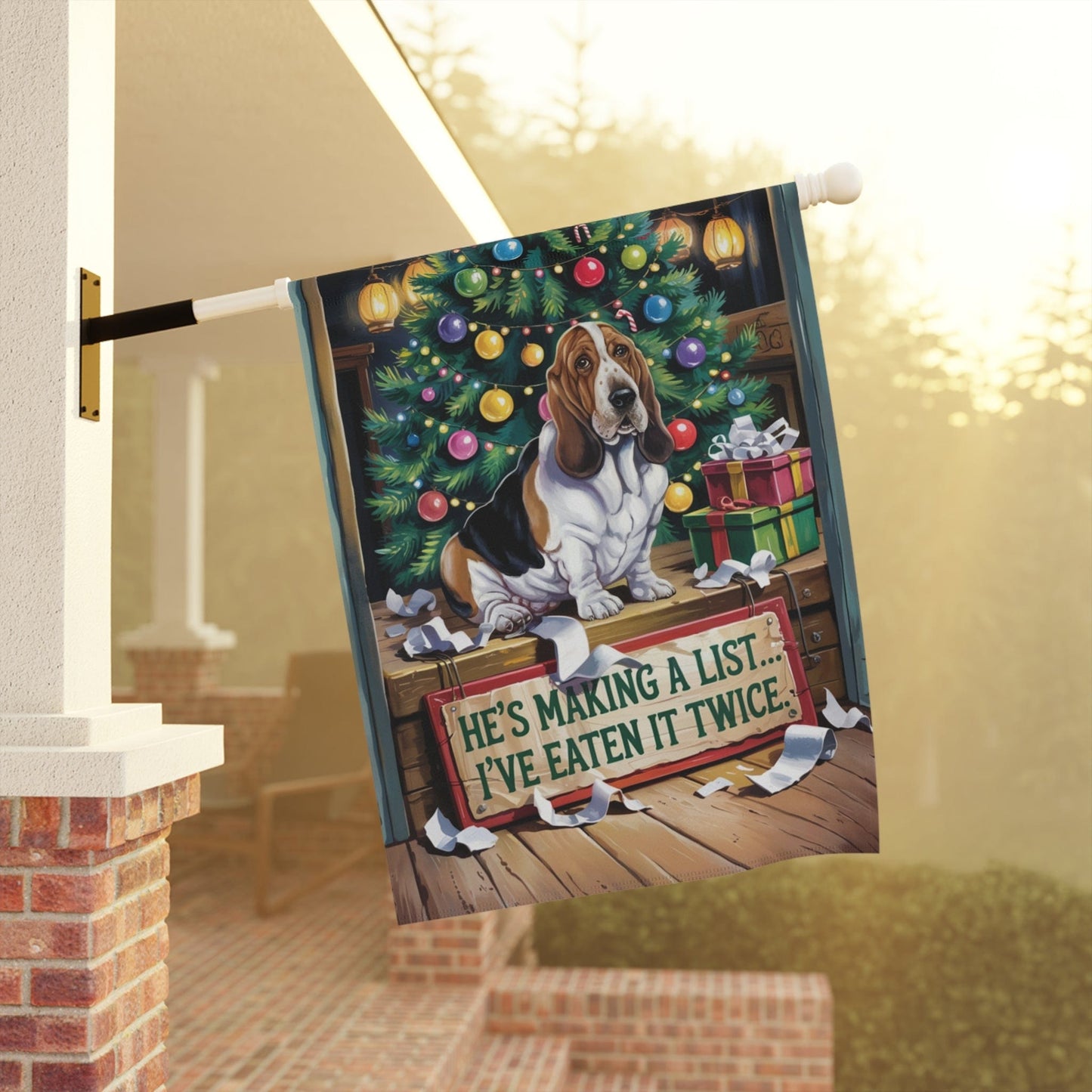 Printify Home Decor Funny Basset Hound Christmas Garden Flag, Holiday Santa Clause List Yard Decor