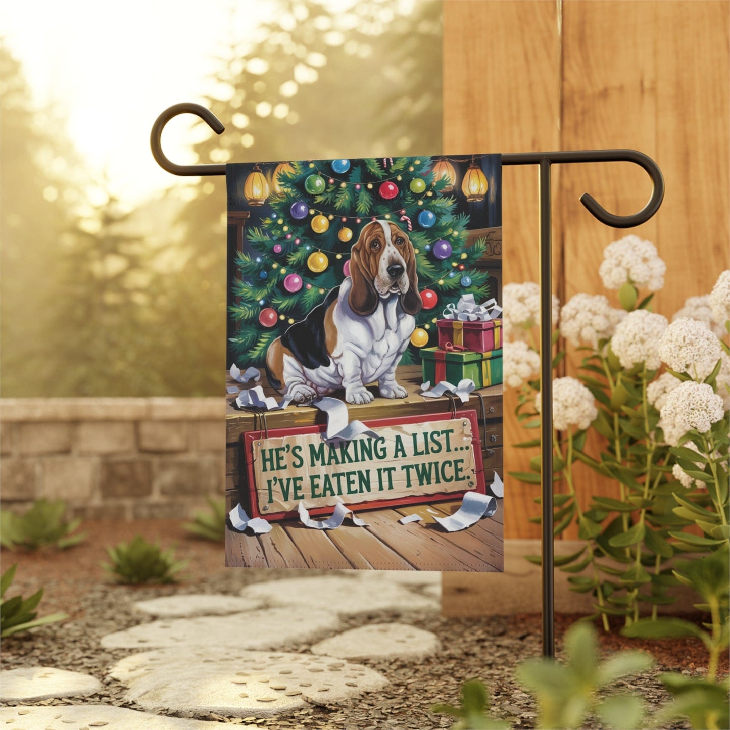 Printify Home Decor Funny Basset Hound Christmas Garden Flag, Holiday Santa Clause List Yard Decor