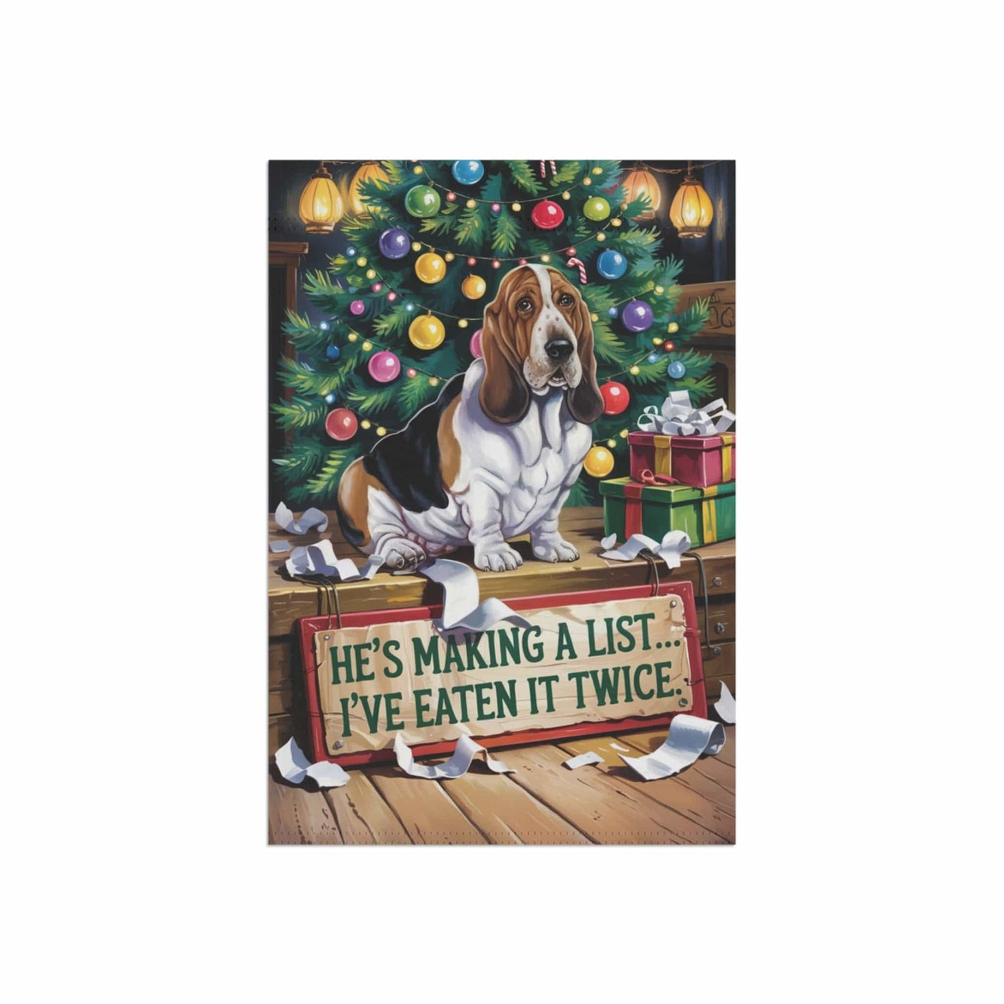 Printify Home Decor Funny Basset Hound Christmas Garden Flag, Holiday Santa Clause List Yard Decor