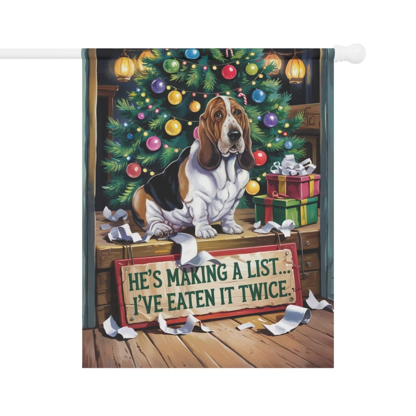 Printify Home Decor 24.5'' × 32'' Funny Basset Hound Christmas Garden Flag, Holiday Santa Clause List Yard Decor