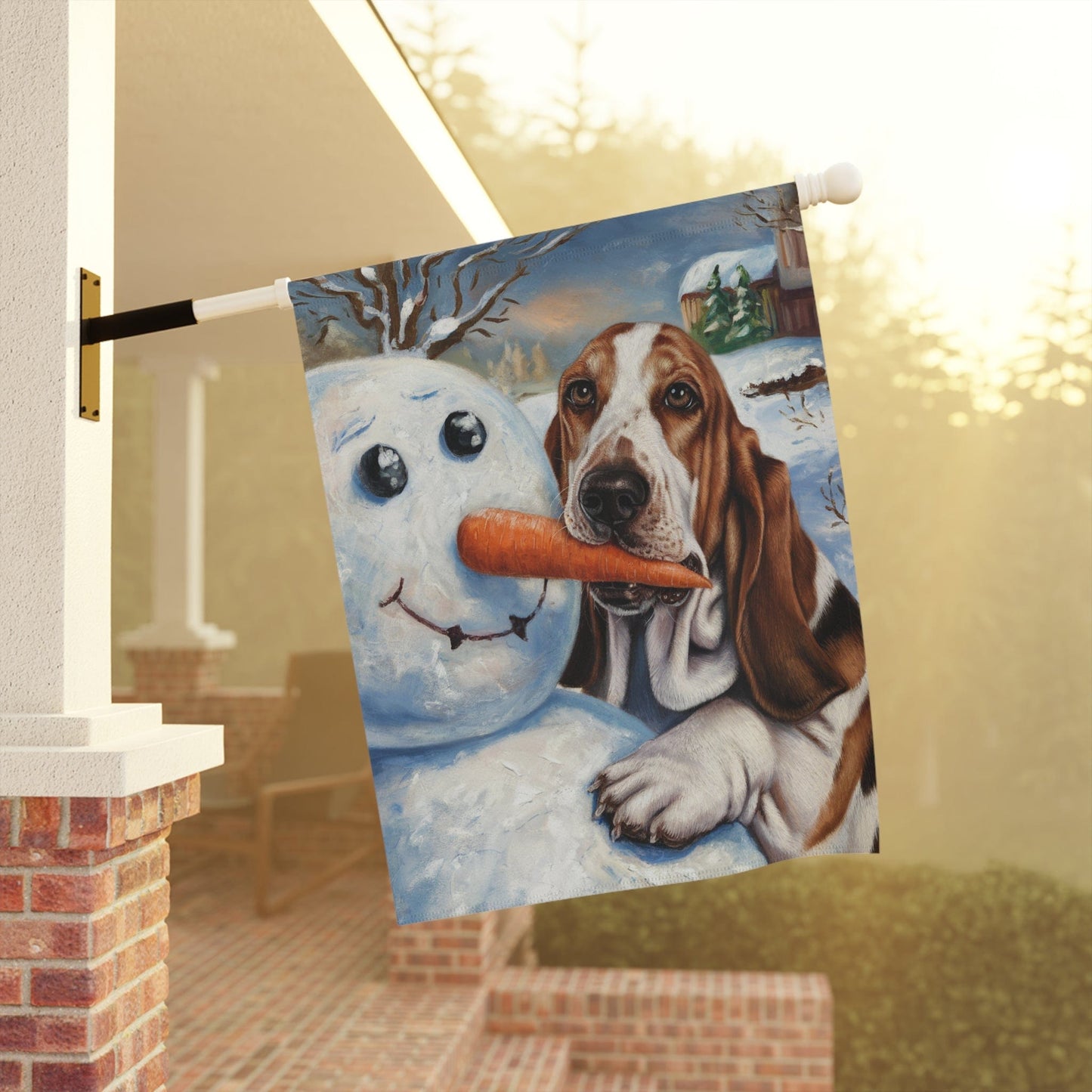 Printify Home Decor Funny Basset Hound Christmas Yard Flag, Winter Dog Yard Decor, Snowman Carrot Dog Sign