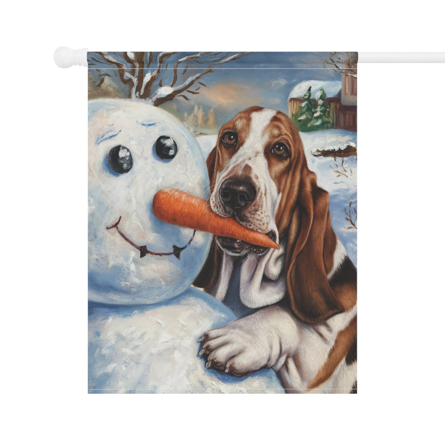Printify Home Decor Funny Basset Hound Christmas Yard Flag, Winter Dog Yard Decor, Snowman Carrot Dog Sign