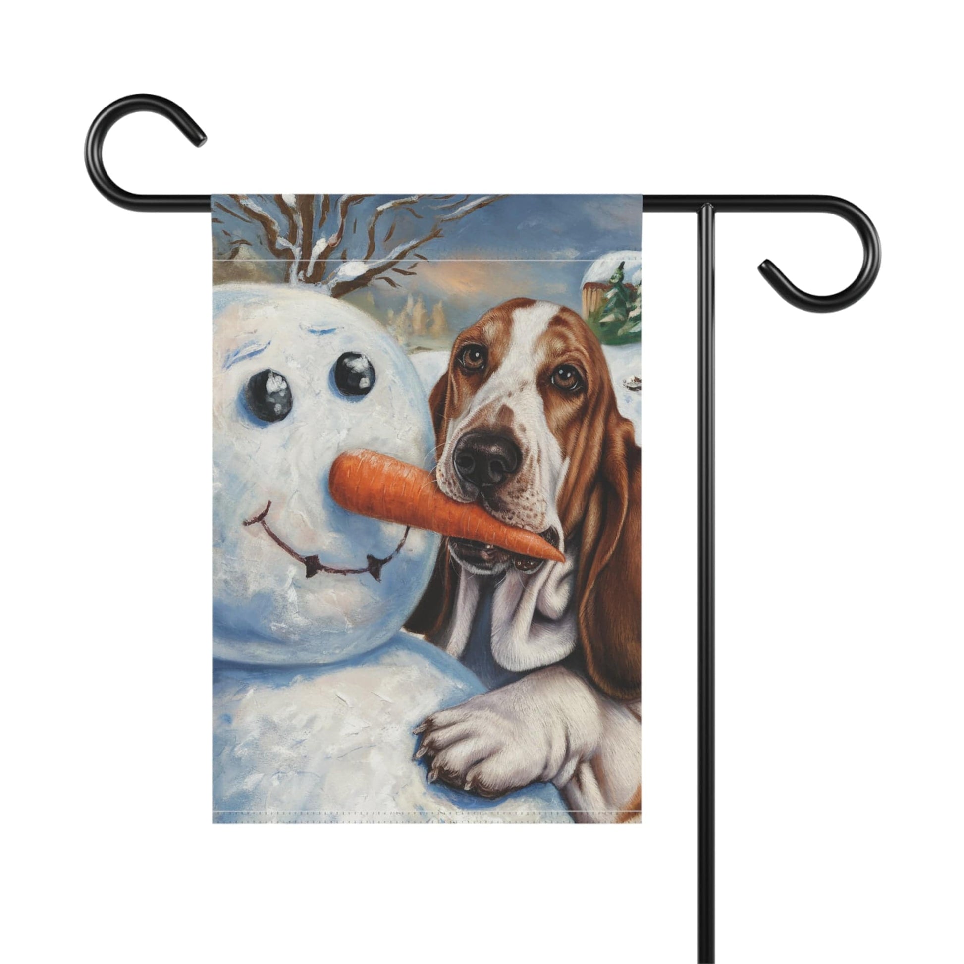Printify Home Decor Funny Basset Hound Christmas Yard Flag, Winter Dog Yard Decor, Snowman Carrot Dog Sign