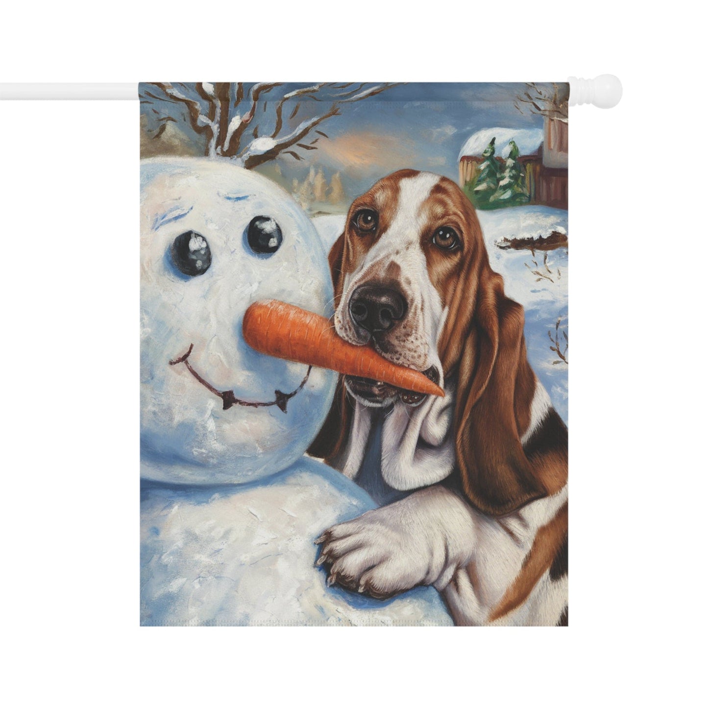 Printify Home Decor 24.5'' × 32'' Funny Basset Hound Christmas Yard Flag, Winter Dog Yard Decor, Snowman Carrot Dog Sign