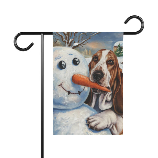 Printify Home Decor 12'' × 18'' Funny Basset Hound Christmas Yard Flag, Winter Dog Yard Decor, Snowman Carrot Dog Sign