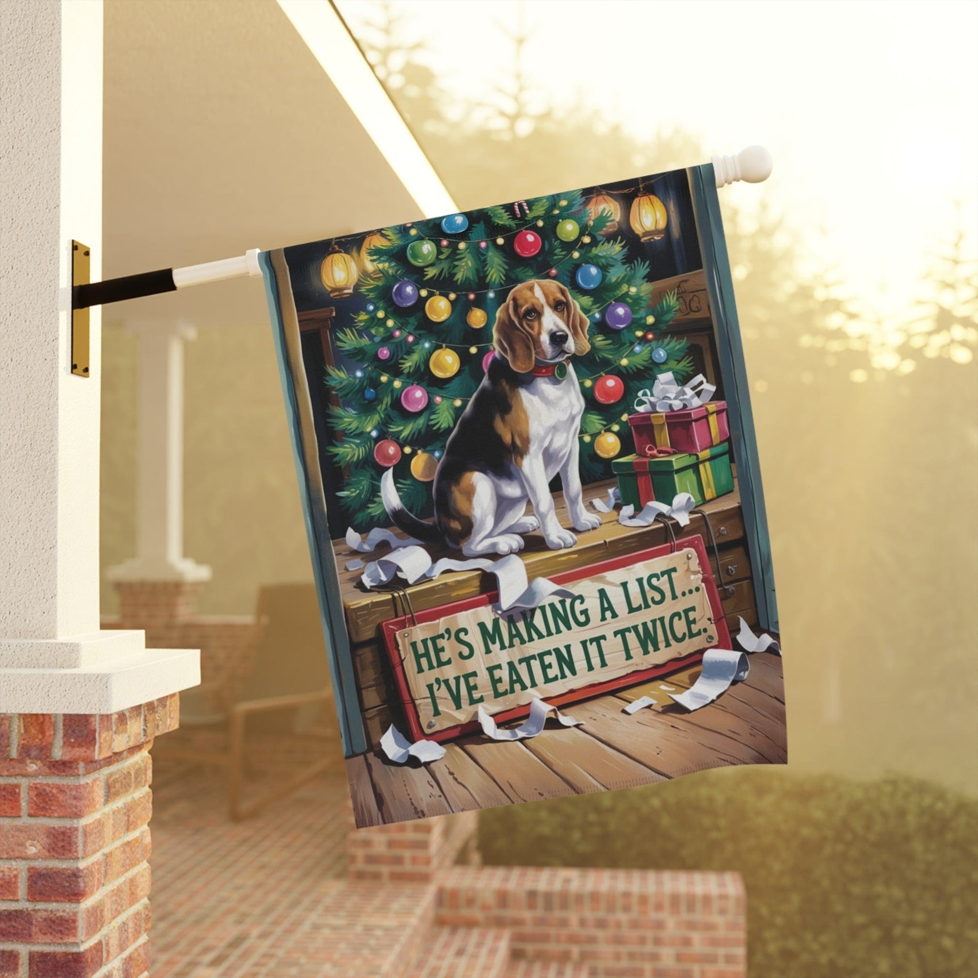 Printify Home Decor Funny Beagle Christmas Garden Flag, Holiday Santa Clause List Yard Decor, Front Yard Outdoor