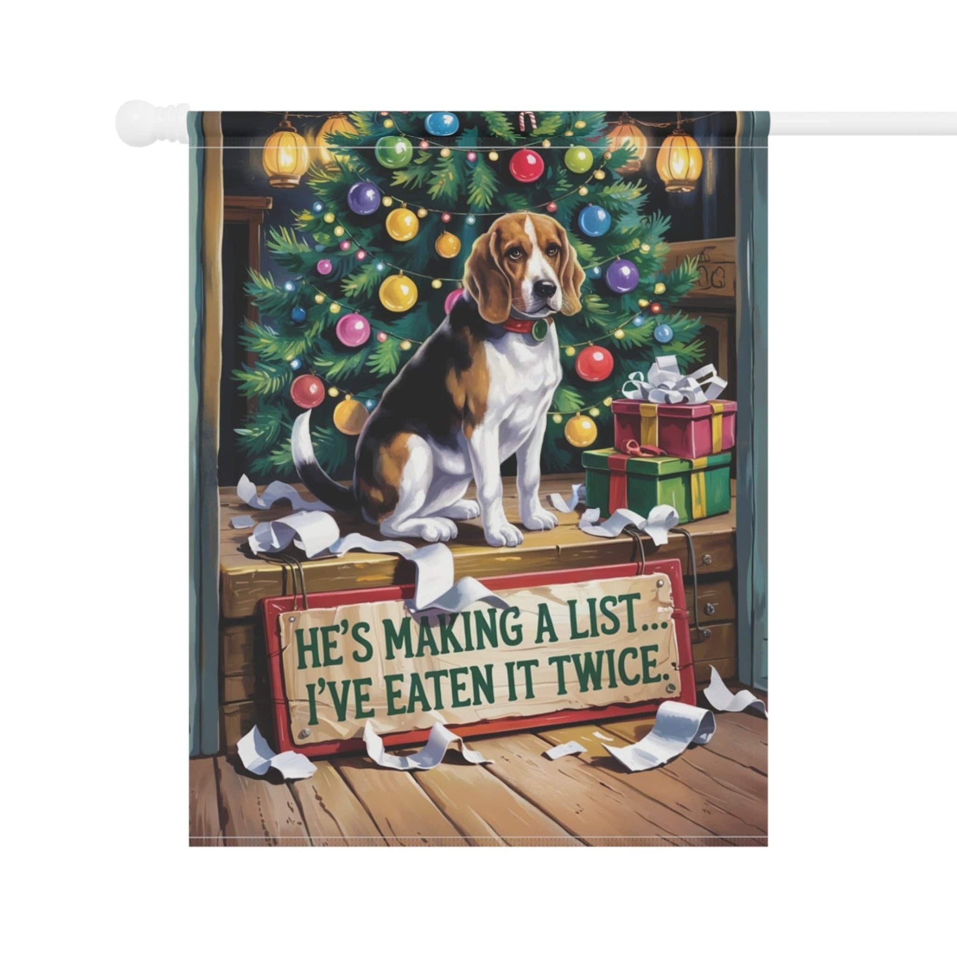 Printify Home Decor Funny Beagle Christmas Garden Flag, Holiday Santa Clause List Yard Decor, Front Yard Outdoor