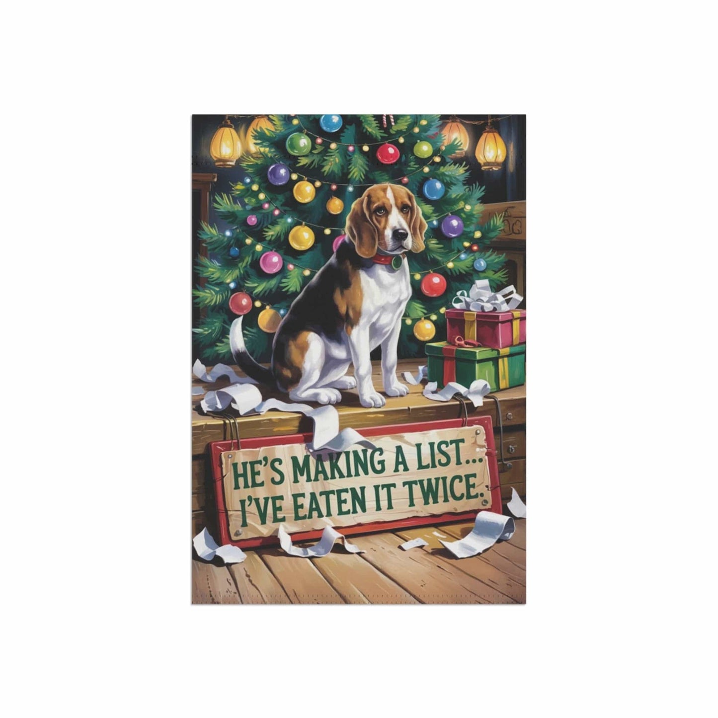 Printify Home Decor Funny Beagle Christmas Garden Flag, Holiday Santa Clause List Yard Decor, Front Yard Outdoor