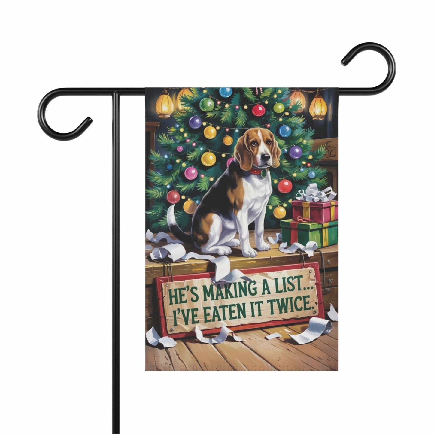Printify Home Decor 12'' × 18'' Funny Beagle Christmas Garden Flag, Holiday Santa Clause List Yard Decor, Front Yard Outdoor
