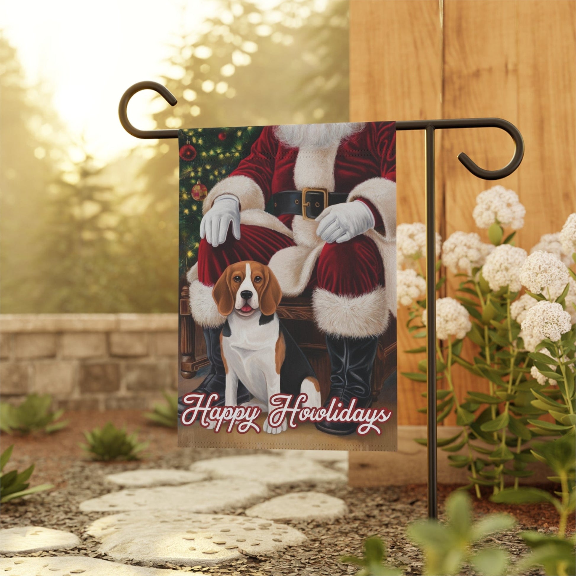 Printify Home Decor Funny Beagle Dog Christmas Garden Flag, Holiday Santa Clause Yard Decor